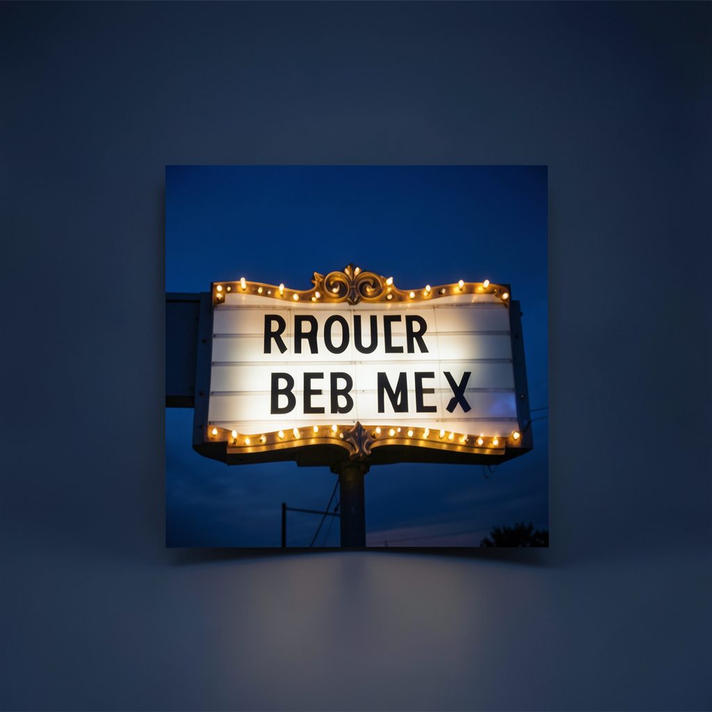 Small square photo of a marquee sign glowing softly against a deep blue evening sky.