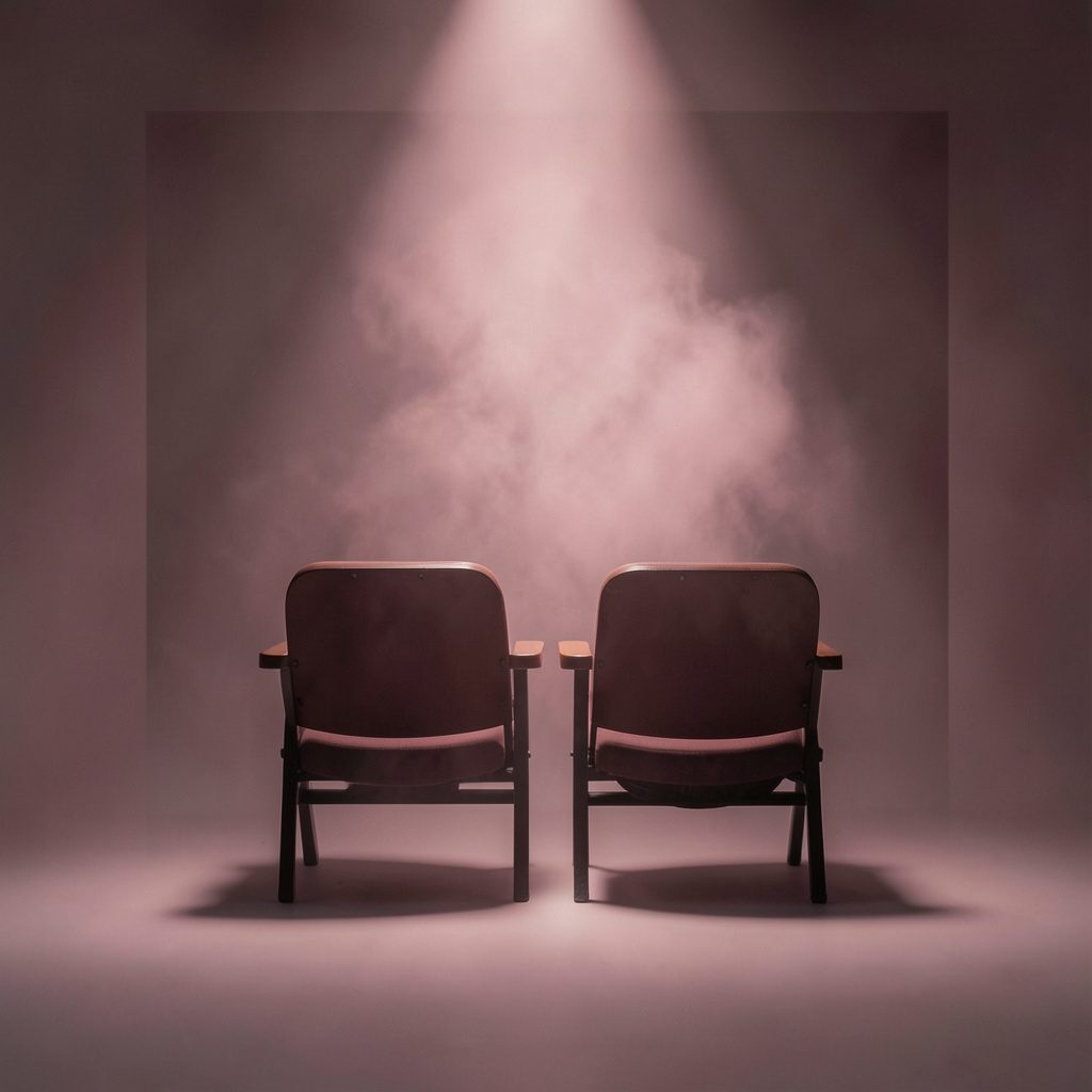 Small square photo of two empty theater seats under a wash of dusty rose stage light.