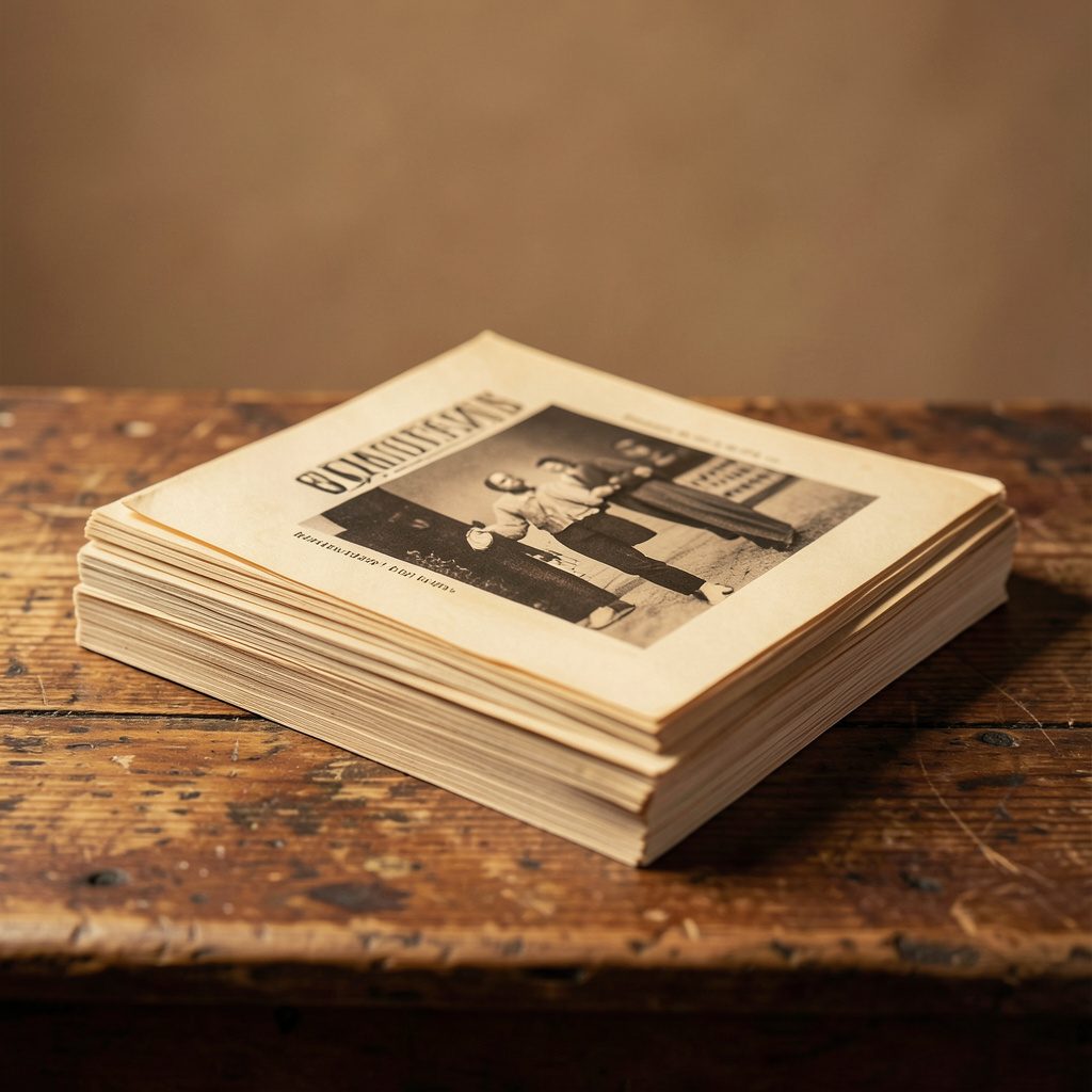 Small square photo of folded playbills stacked on a worn wooden table, warm amber and sepia tones.