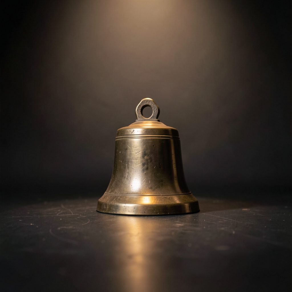 Small square photo of a brass bell on a dark stage floor, soft warm spotlight.