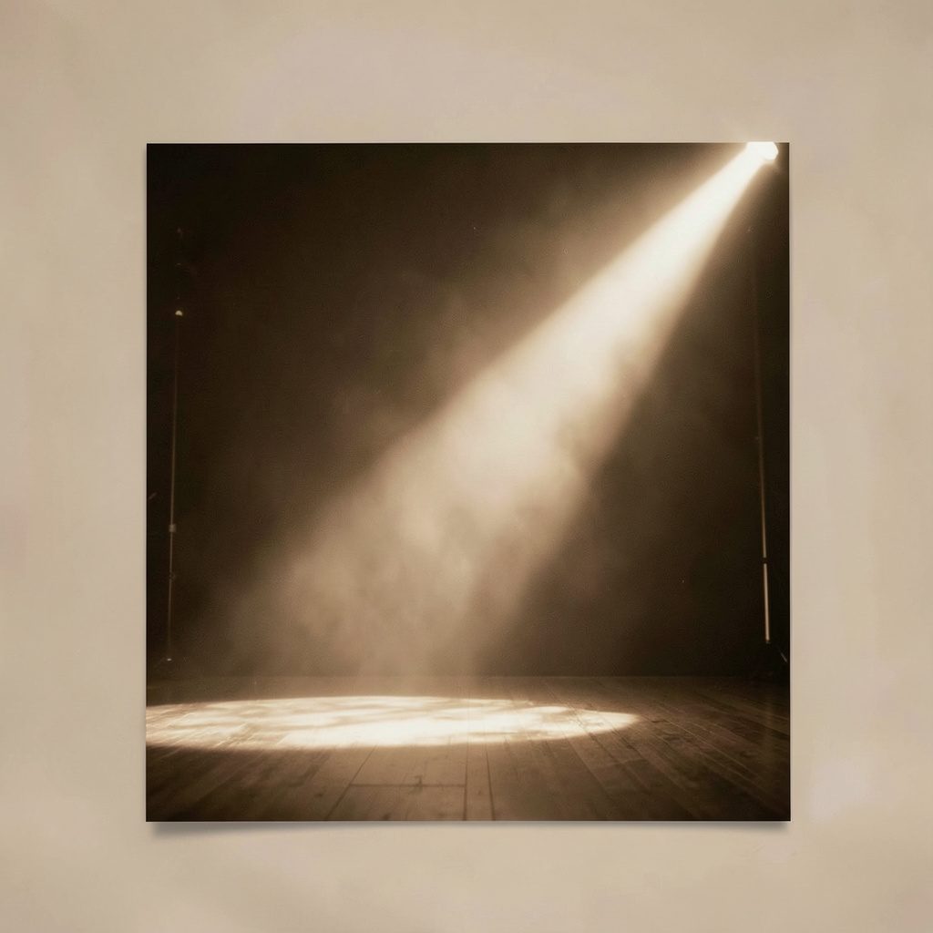 Small square photo of a spotlight beam cutting through haze onto an empty stage, warm sepia.